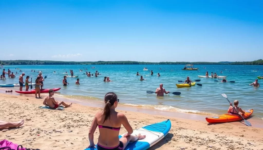 Image of Lake Manawa State Park's beach area with people enjoying water activities and scenic views.