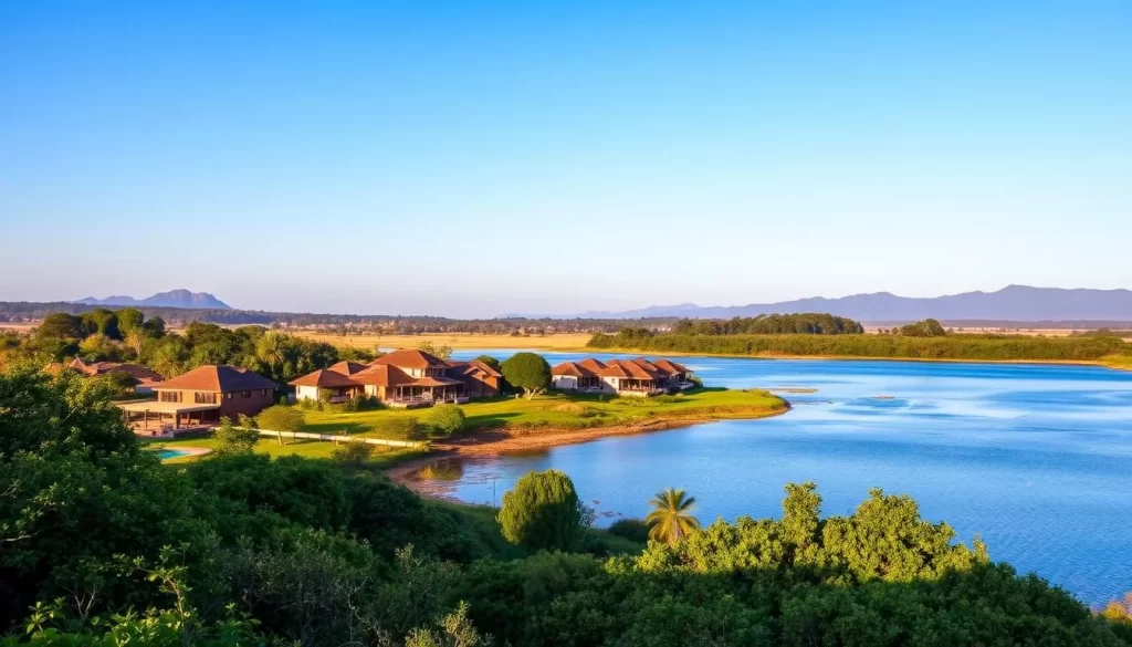 Image of Lake Naivasha with various accommodations in the foreground