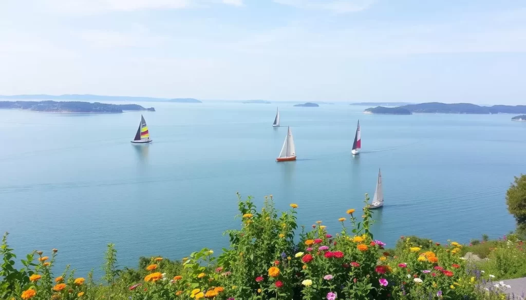 Image of Lake Neusiedl with sailboats and a scenic shoreline