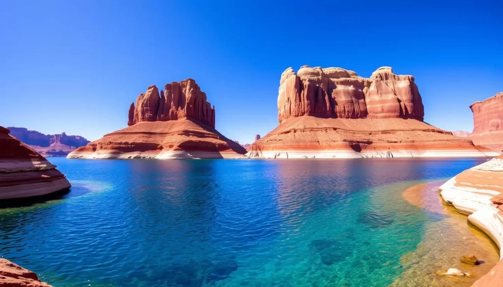 Image of Lake Powell with crystal-clear waters surrounded by red rock formations