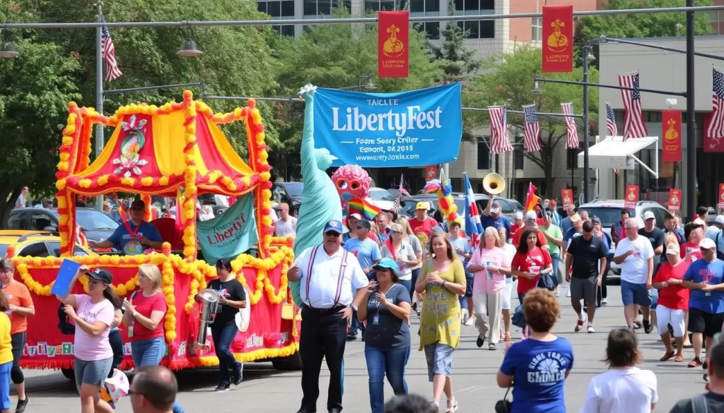 Image of LibertyFest parade in Edmond, Oklahoma, featuring floats, bands, and community organizations.