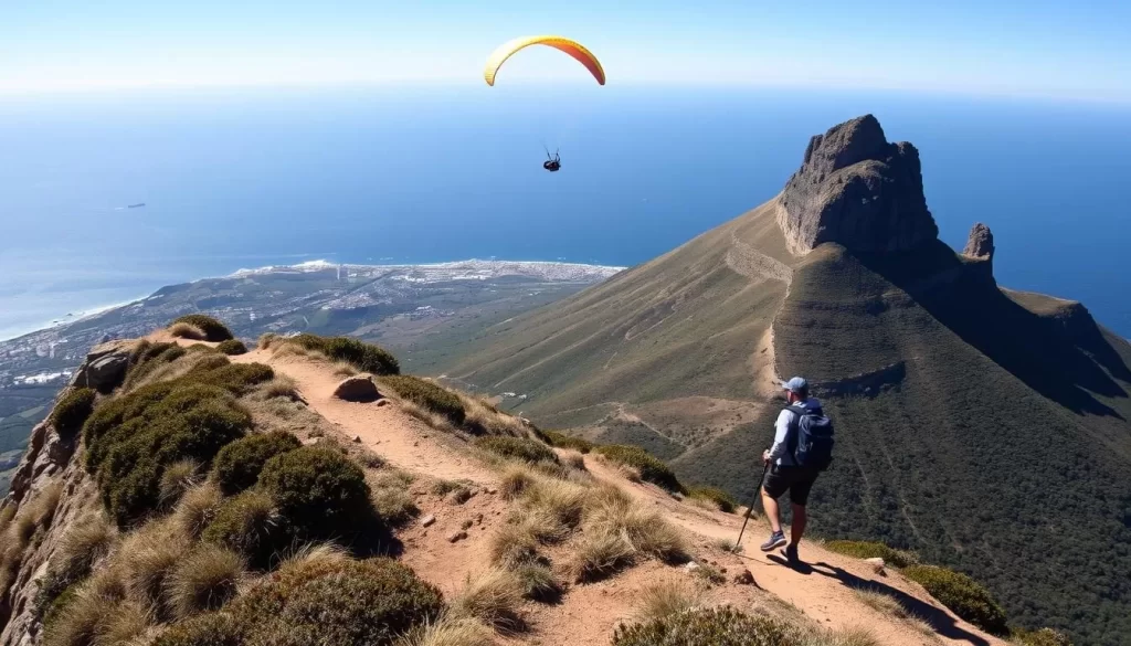 Image of Lion's Head and Signal Hill in Cape Town with a hiker on the trail and a paraglider in the air.