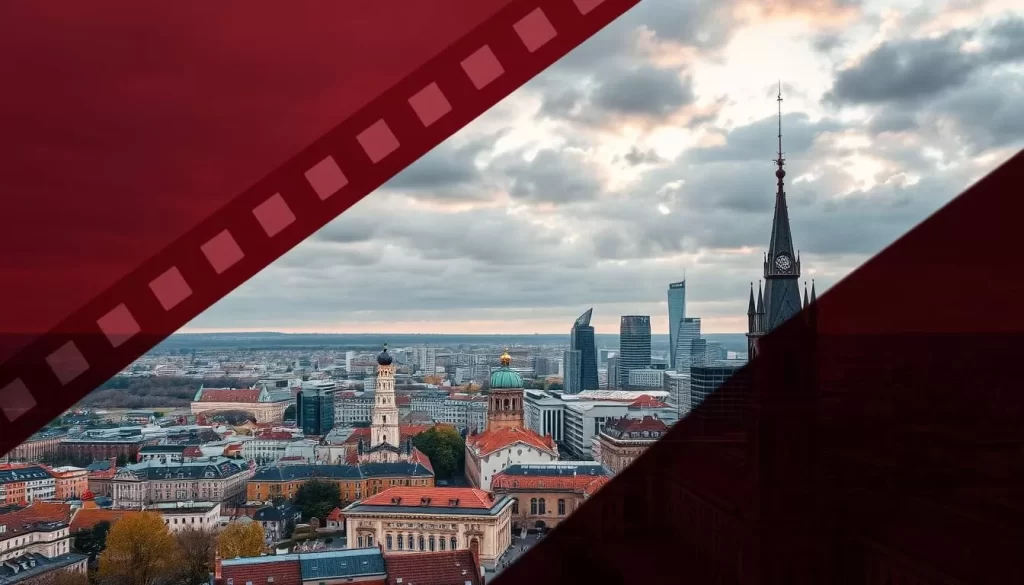 Image of Łódź cityscape with a film strip or camera motif