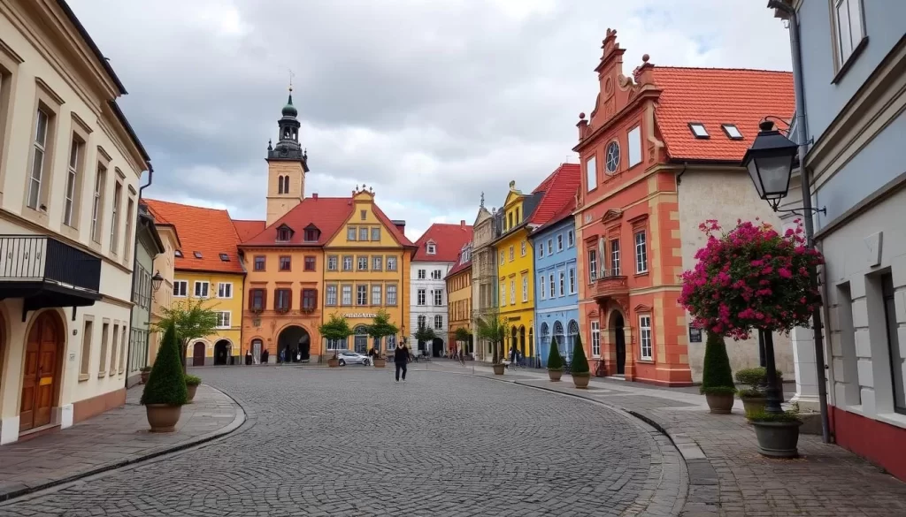 Image of Lublin Old Town's cobblestone streets and colorful Renaissance and Baroque buildings