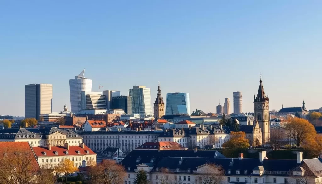 Image of Luxembourg City skyline with a mix of modern and historical buildings