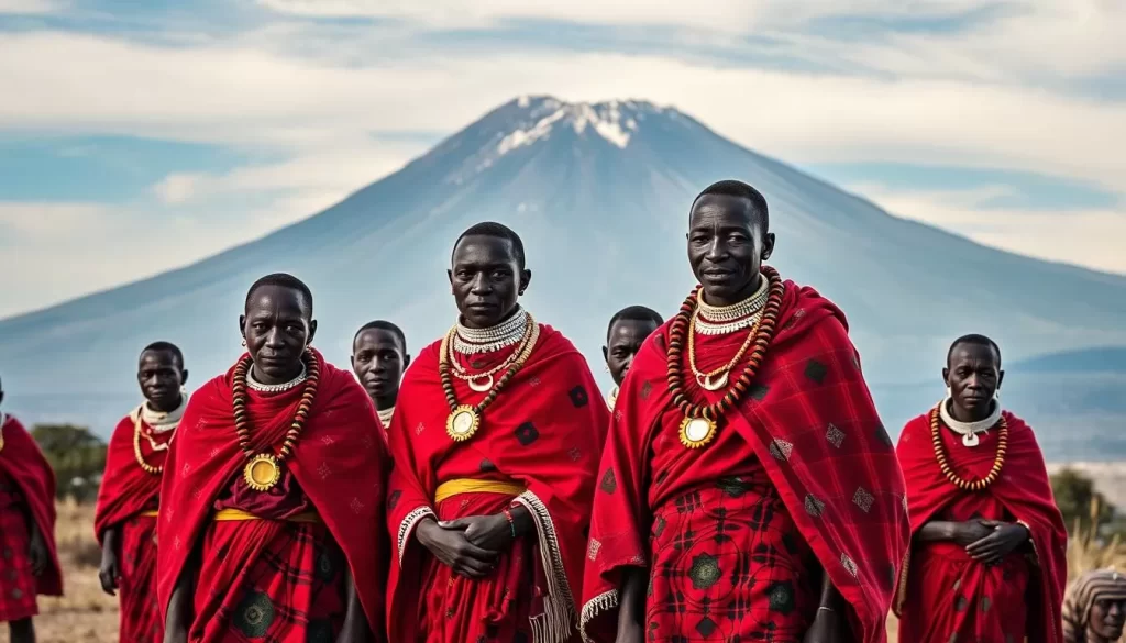 Image of Maasai people in traditional attire near Mount Kilimanjaro