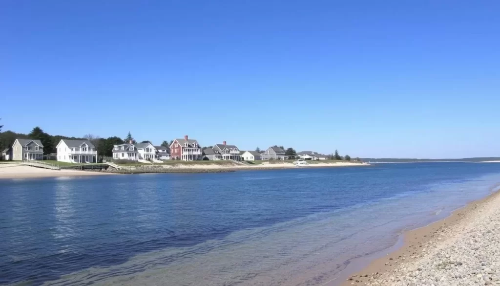 Image of Mackerel Cove Beach with its calm waters and picturesque New England homes