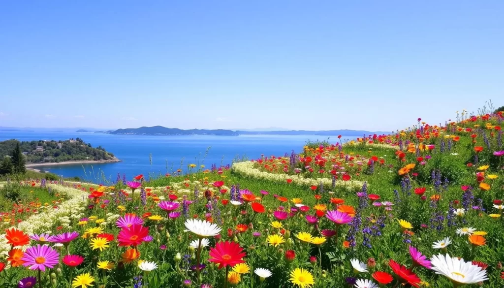 Image of Mainau Island with vibrant flowers and a serene lake view