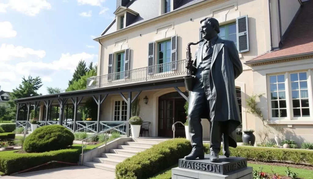 Image of Maison Sax museum exterior with Adolphe Sax statue