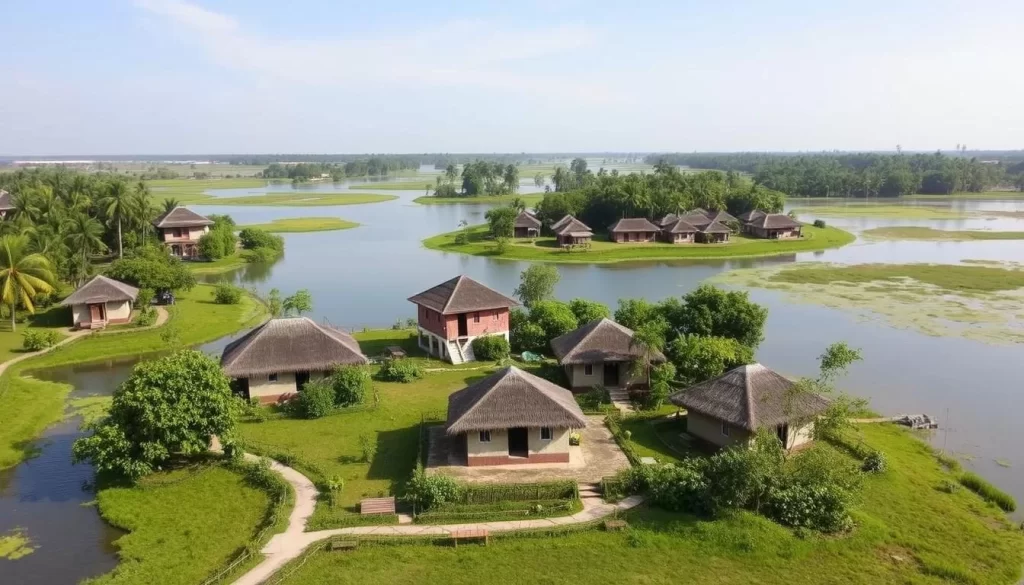 Image of Majuli Island with traditional Assamese houses