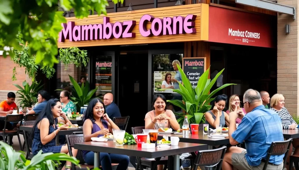 Image of Mamboz Corner BBQ's outdoor seating area with customers enjoying their meal