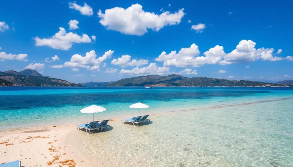 Image of Marmaris Beach with clear waters and sun loungers