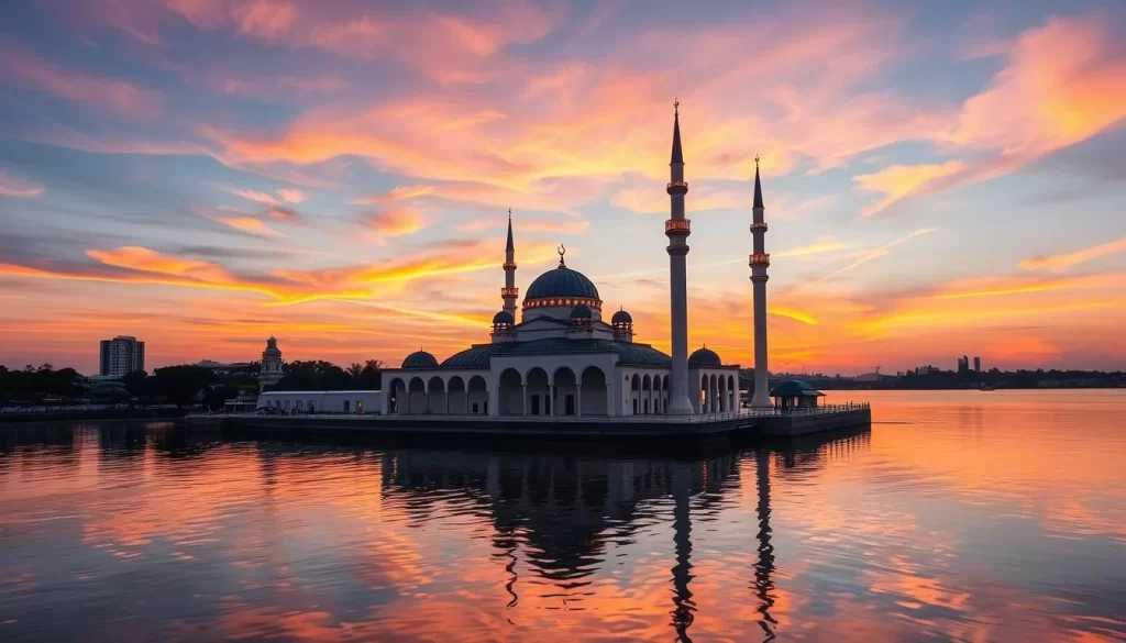 Image of Melaka Straits Mosque at sunset