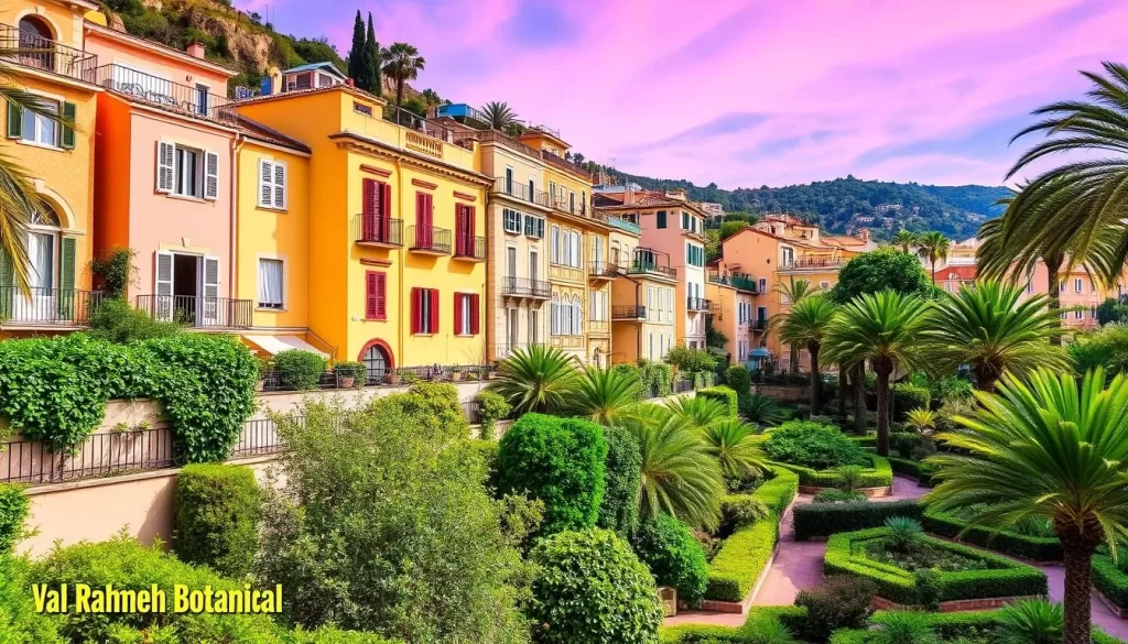 Image of Menton's pastel-colored buildings and the Val Rahmeh botanical garden