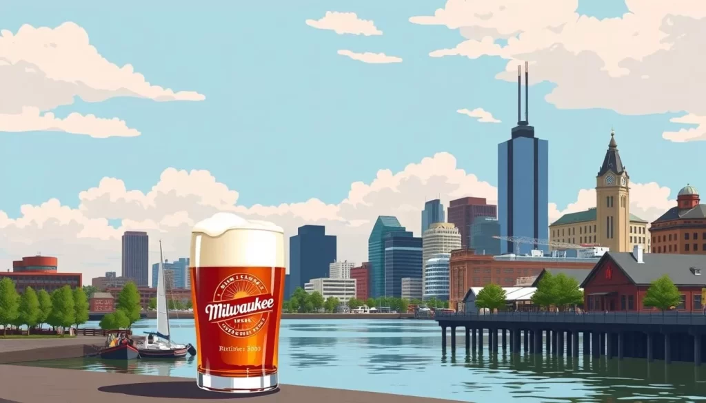 Image of Milwaukee's waterfront with a brewery in the foreground