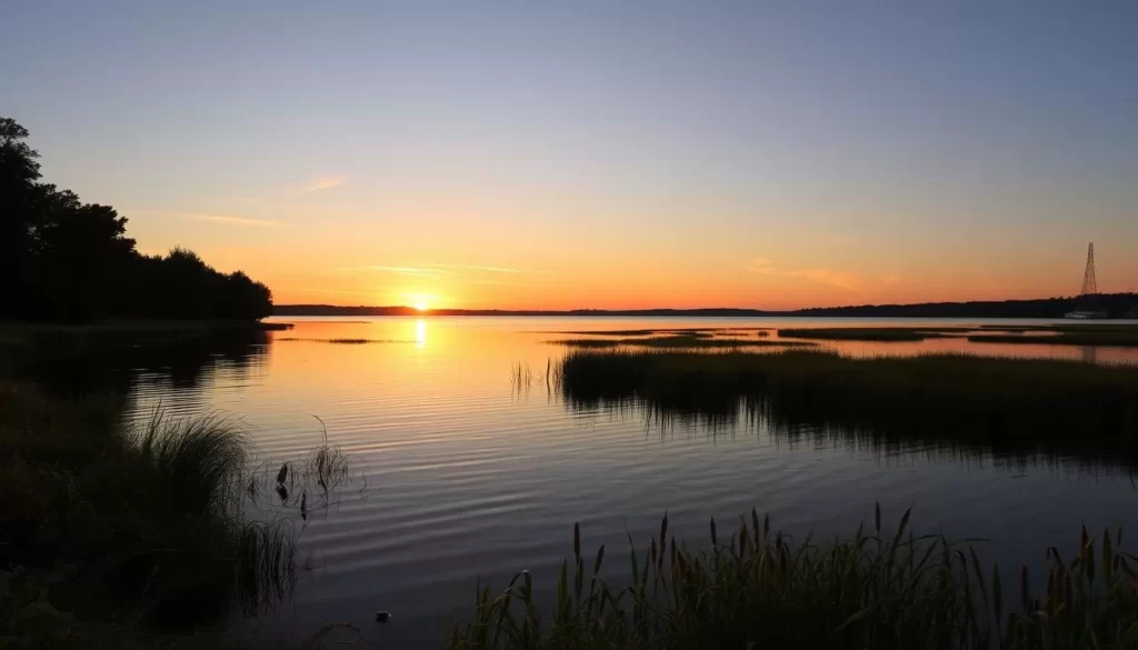 Image of Minnewater Lake with a serene atmosphere at sunset