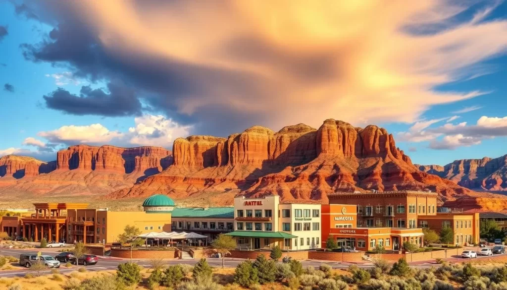 Image of Moab, Utah, with various hotels and amenities