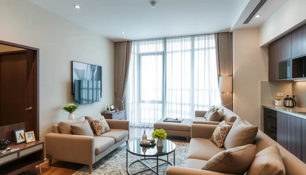 Image of Moon Apartments' living room or a fully equipped kitchen