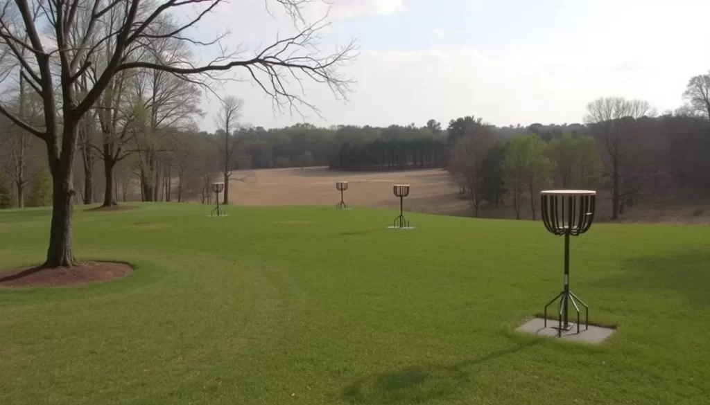 Image of Mott Park Disc Golf Course in Flint, Michigan, with a serene landscape and disc golf baskets.