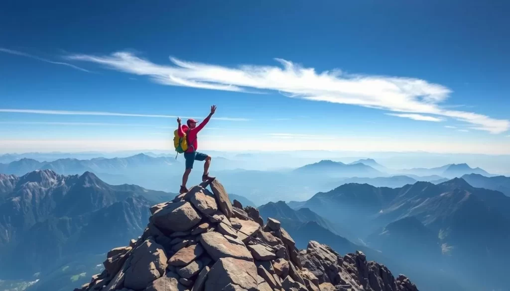 Image of Mount Agou's peak with a hiker reaching the top