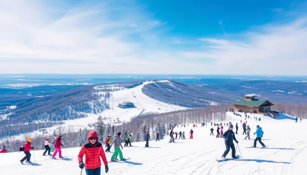 Image of Mt. Holly Ski and Snowboard Resort with snow-covered slopes and skiers