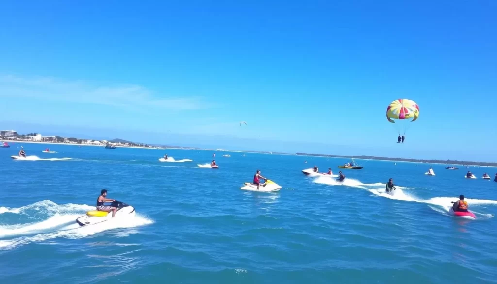 Image of Nagoa Beach with people engaging in water sports