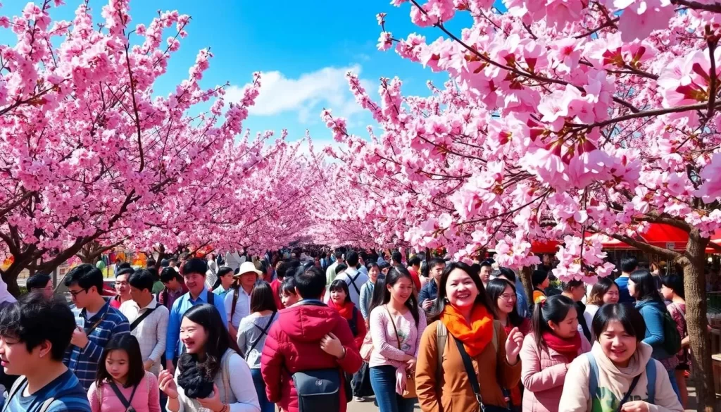 Image of Nantou Plum Blossom Festival with blooming plum blossoms and visitors enjoying the festival