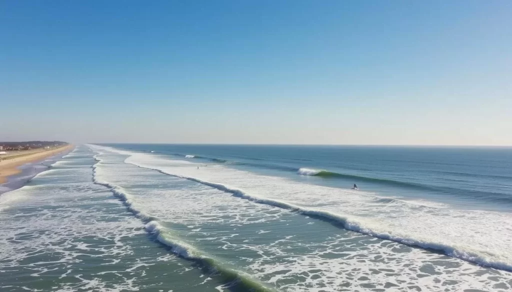 Image of Narragansett Town Beach with surfers riding the waves
