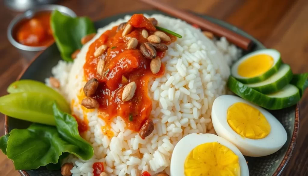 Image of Nasi Lemak, a fragrant rice dish cooked in coconut milk and pandan leaves, served with sambal, fried anchovies, peanuts, cucumber, and boiled eggs.