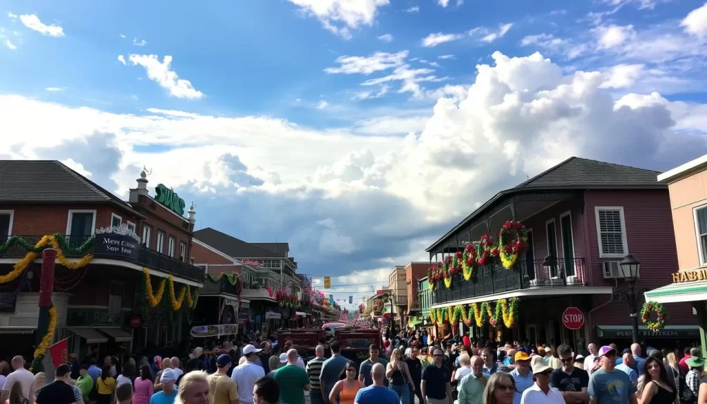 Image of New Orleans during Mardi Gras with a mix of sunny and cloudy skies