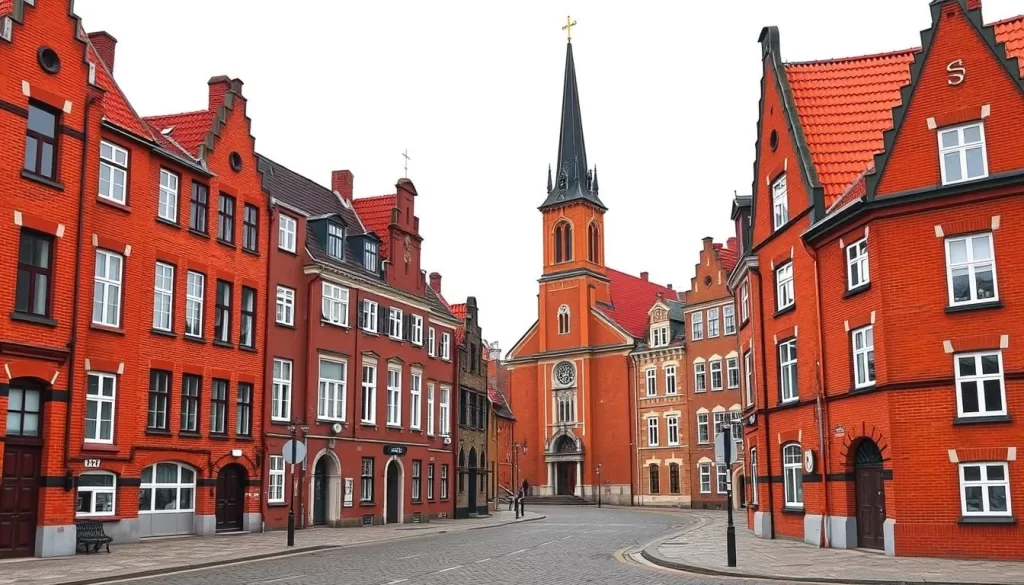 Image of Nikiszowiec's red brick buildings and St. Anne's Church