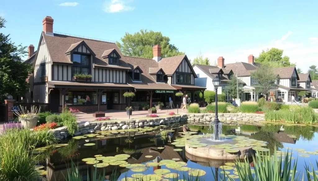 Image of Olde Mistick Village with its charming shops and beautiful pond