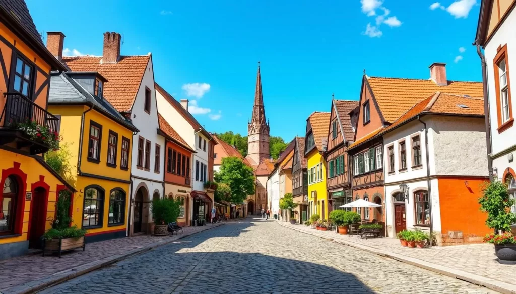 Image of Olsztyn's Old Town with cobblestone streets and historic buildings