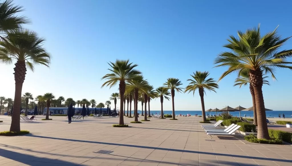 Image of Ostend's 9km seaside promenade with palm trees and Ibizan loungers