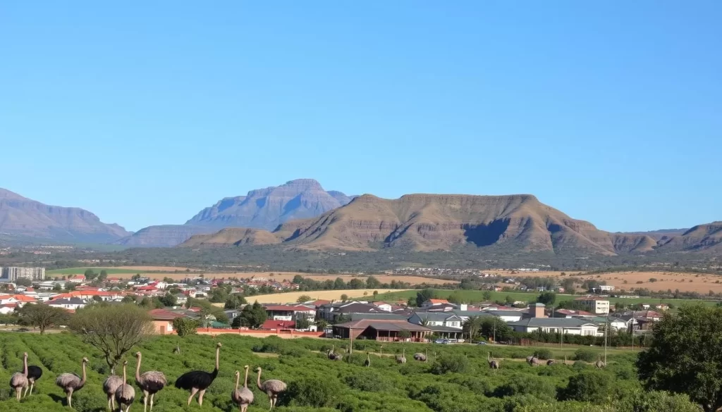 Image of Oudtshoorn town with ostrich farms and Cango Caves in the background