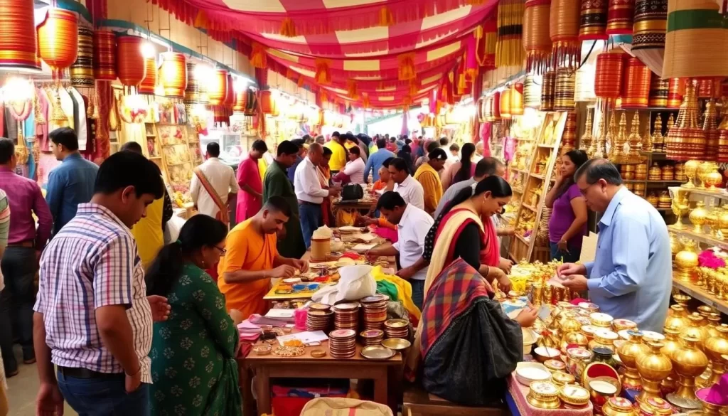 Image of Pachmarhi Utsav festival grounds with stalls selling local handicrafts and artisans at work.