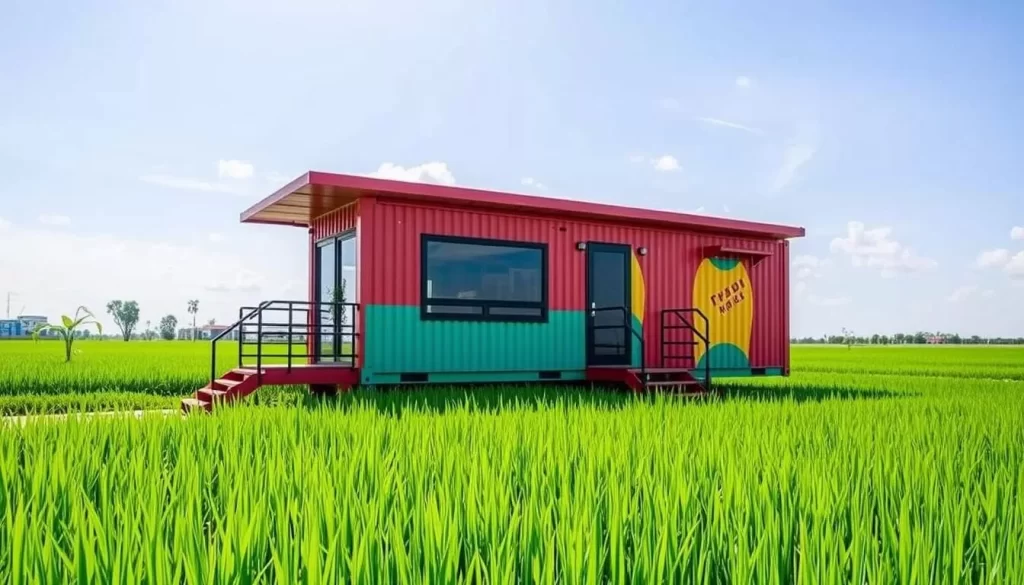 Image of Padi Box, a colorful container hotel amidst paddy fields