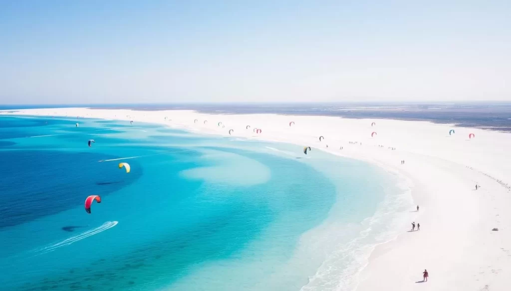 Image of Paje Beach with its expansive white sand and kite-surfing activities