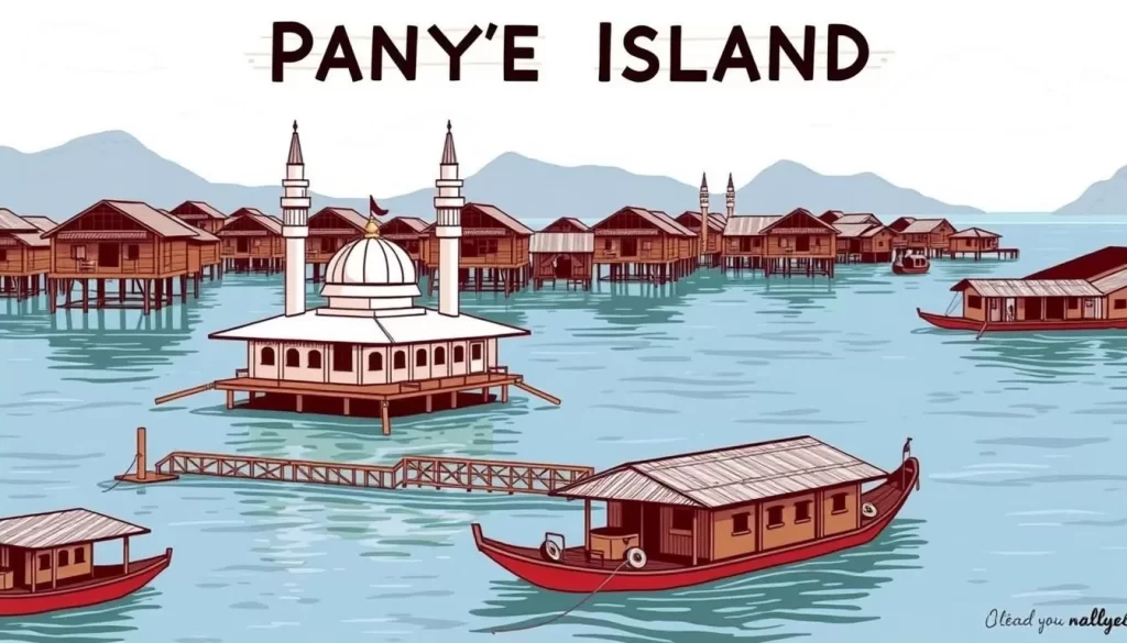 Image of Panyee Island's floating village with stilt houses and a mosque