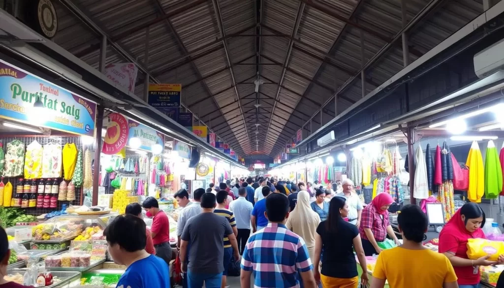 Image of Pasar Payang market bustling with activity and colorful stalls.
