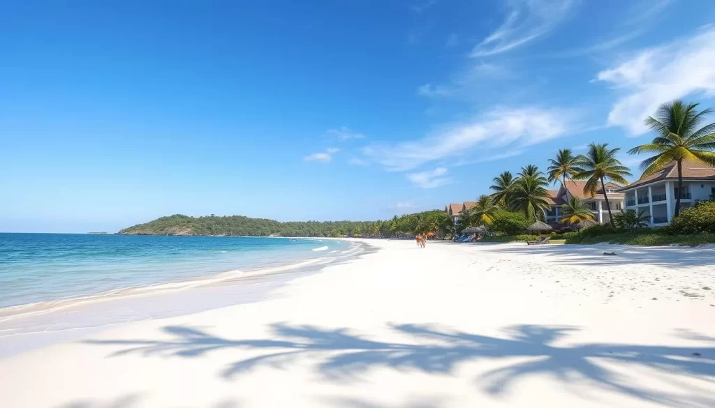 Image of Pasir Bogak Beach with its white sand shores and resorts