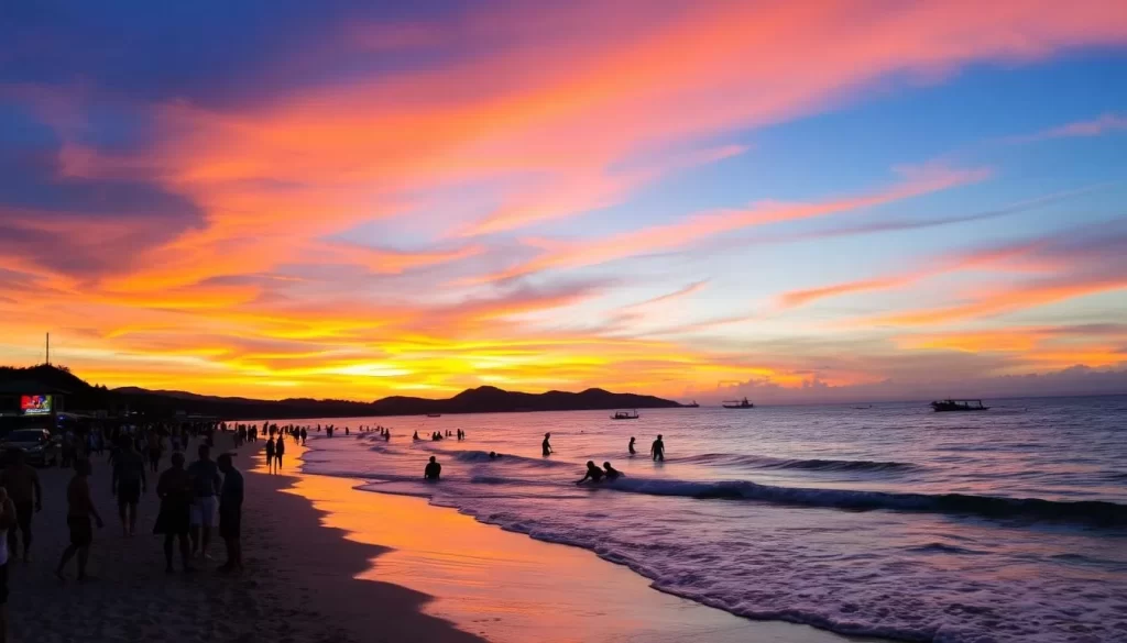 Image of Patong Beach at sunset with lively atmosphere