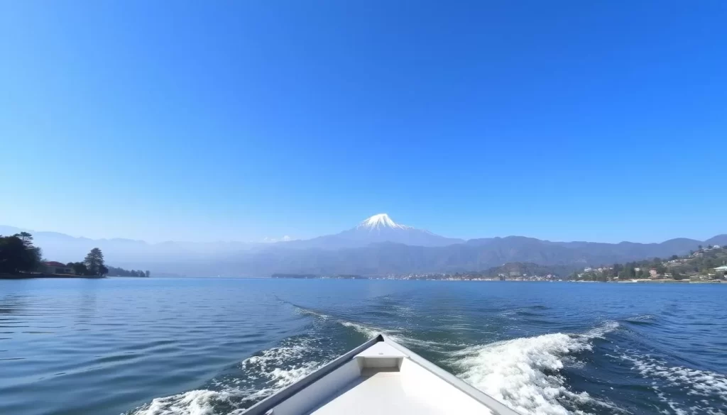 Image of Phewa Lake with a serene boat ride and the Annapurna range in the background