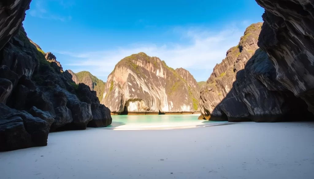 Image of Phra Nang Cave Beach with its pristine white sand and turquoise waters surrounded by limestone cliffs.