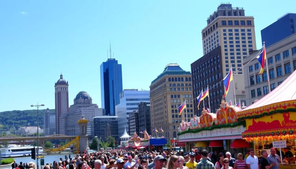 Image of Pittsburgh's cityscape during a festival