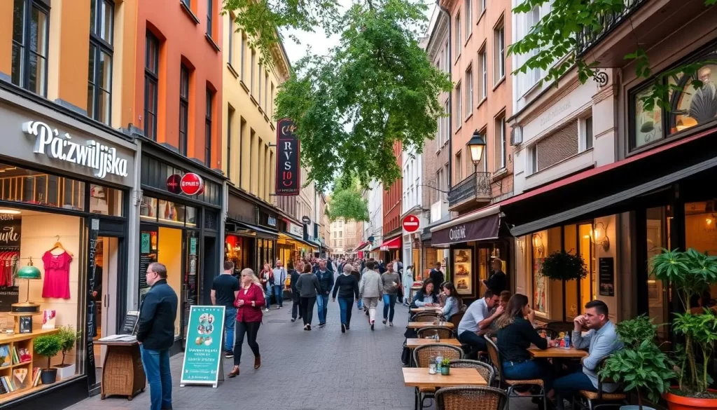 Image of Półwiejska Street with trendy shops and cafes