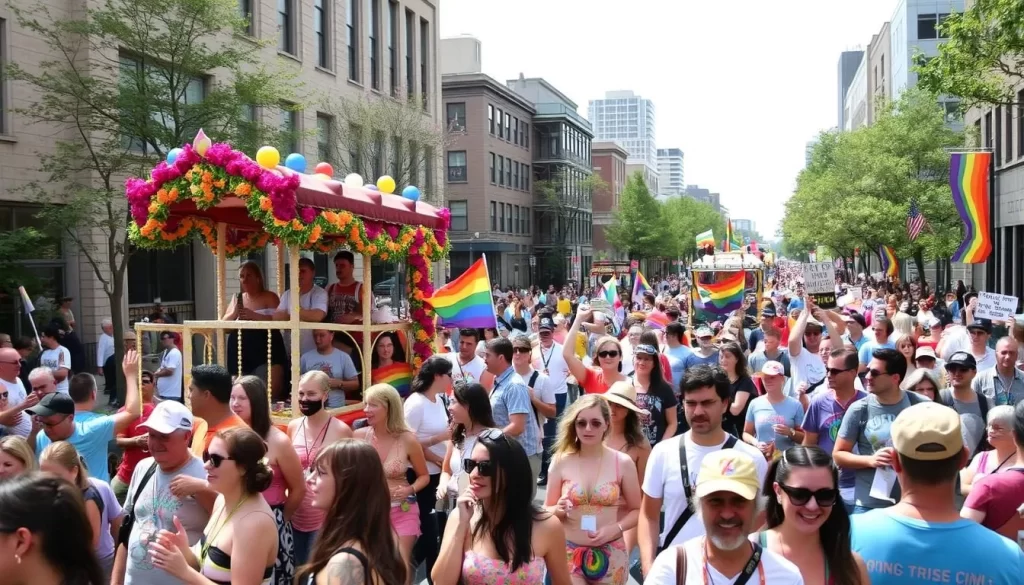 Image of Portland Pride Parade with diverse crowd and colorful floats