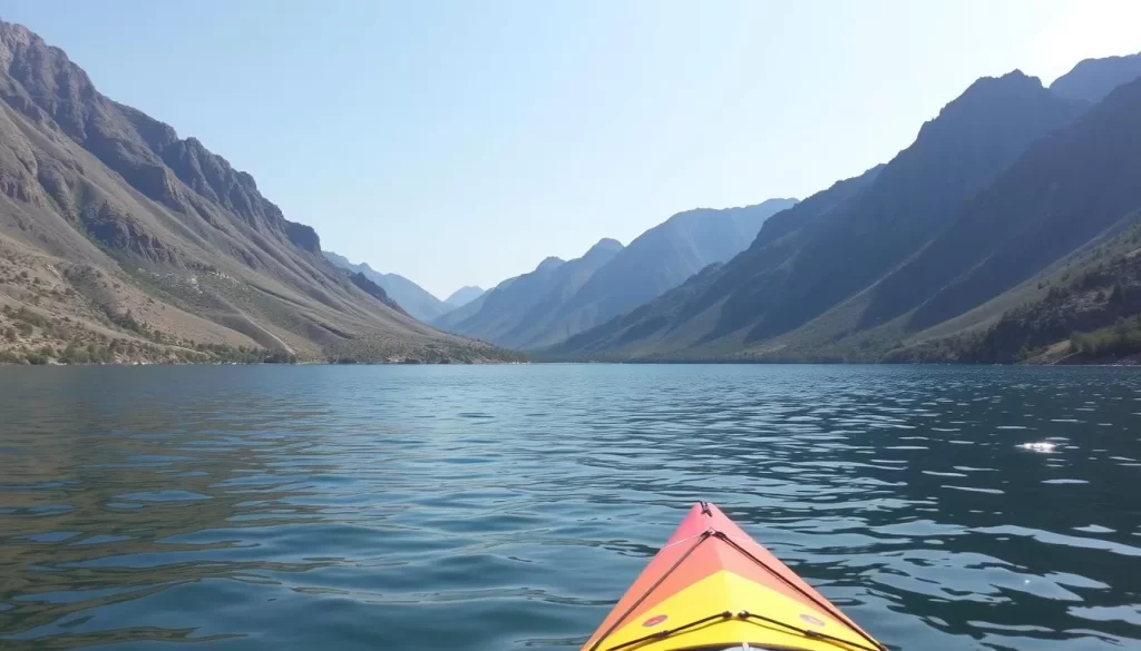 Image of Quanah Parker Lake with surrounding mountains and a kayak on the water