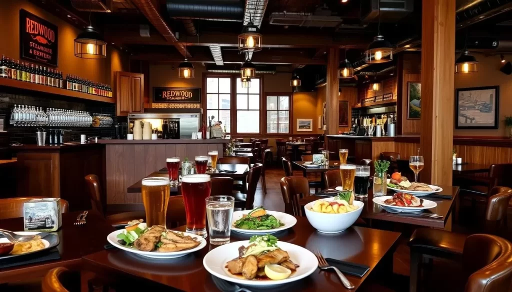 Image of Redwood Steakhouse & Brewery's interior with a variety of beers and dishes