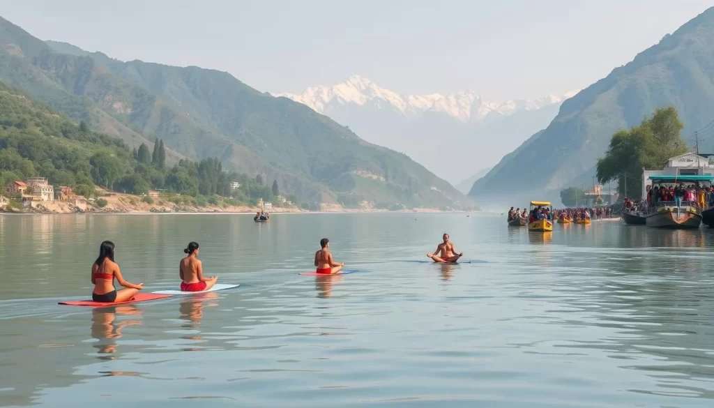 Image of Rishikesh's serene Ganges River with yoga practitioners and adventure seekers